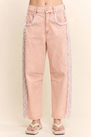 Davi & Dani Baggy High Waisted Lace Trim Jeans in Pale Pink