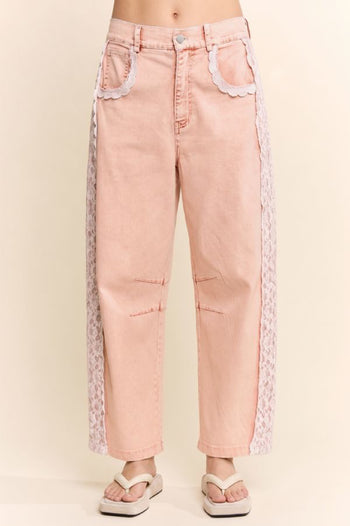 Davi & Dani Baggy High Waisted Lace Trim Jeans in Pale Pink