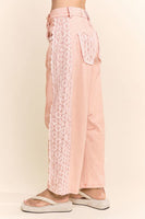 Davi & Dani Baggy High Waisted Lace Trim Jeans in Pale Pink