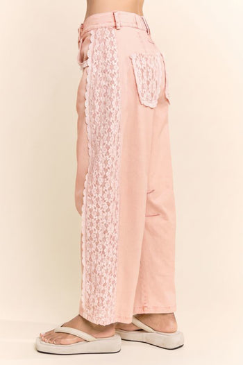 Davi & Dani Baggy High Waisted Lace Trim Jeans in Pale Pink