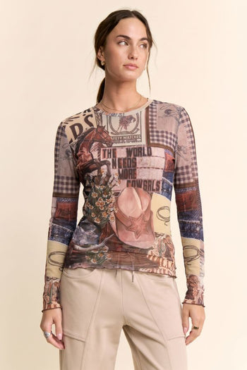 Davi & Dani WESTERN Sheer Mesh Top in Wild Horse
