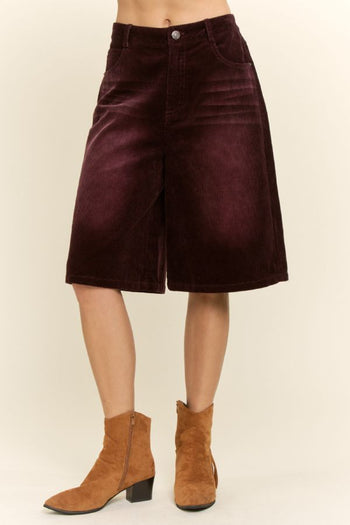 Davi & Dani Washed Corduroy Wide Leg Bermuda Shorts in Washed Plum