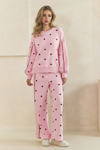 Veveret Charming Polka Dot Lounge Set in Pink/Burgundy