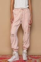 POL Distressed Denim Cargo Joggers in Coral Haze