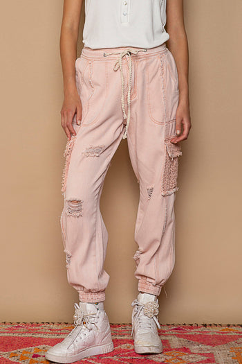 POL Distressed Denim Cargo Joggers in Coral Haze