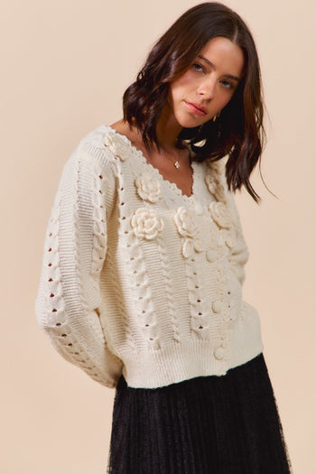 So Me Textured Flower Applique Knit Cardigan in Cream