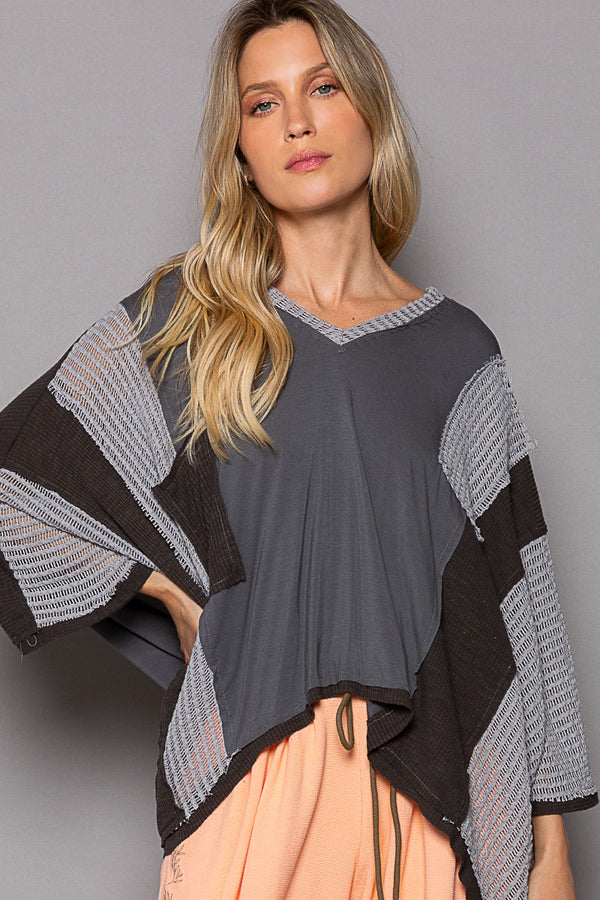 POL Oversize High Low Contrast V-Neck 3/4 Sleeve Top in Charcoal Shirts & Tops POL Clothing   