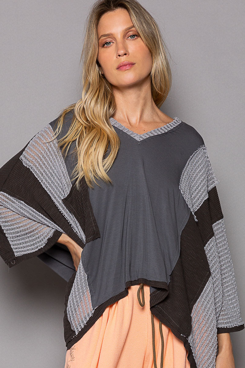 POL Oversize High Low Contrast V-Neck 3/4 Sleeve Top in Charcoal Shirts & Tops POL Clothing   