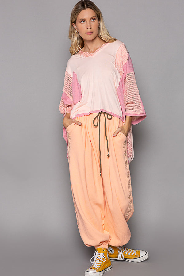 POL Oversize High Low Contrast V-Neck 3/4 Sleeve Top in Peach Blush Shirts & Tops POL Clothing   