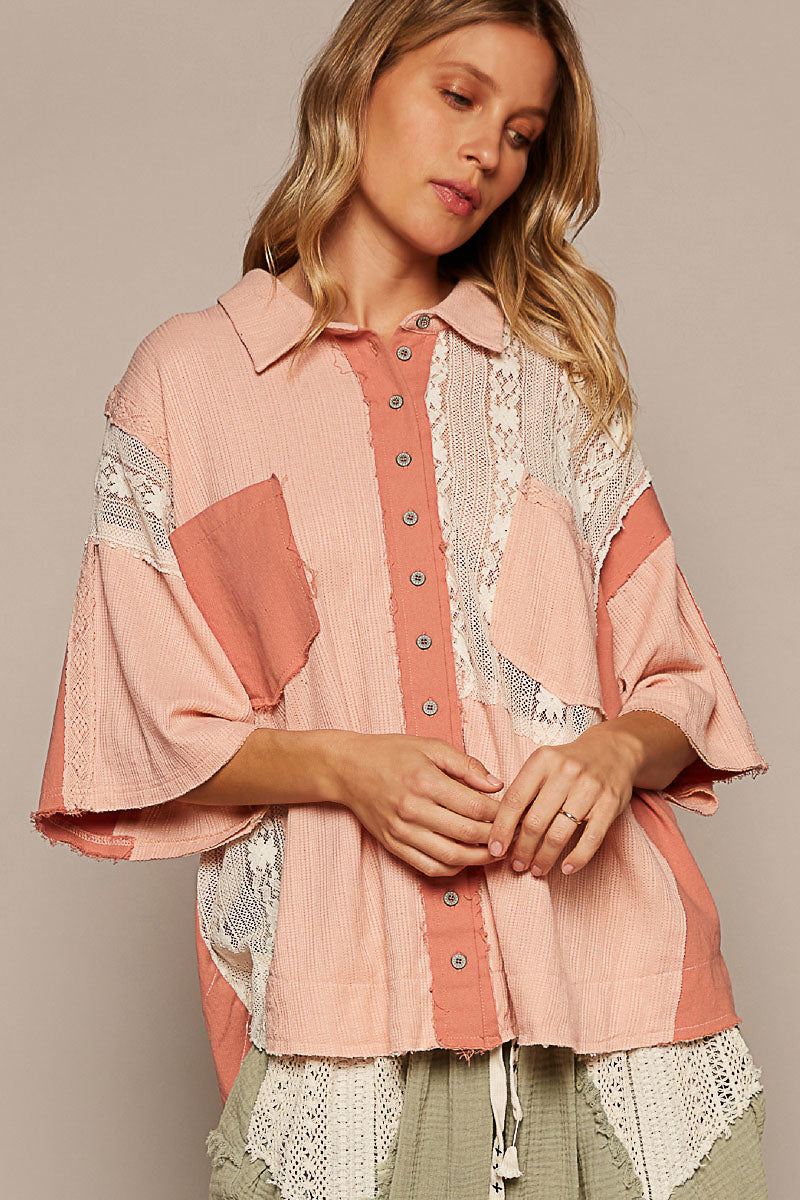 POL Oversized Thermal and Lace Button Down Top in Blush Multi