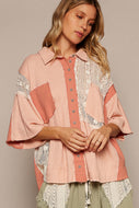 POL Oversized Thermal and Lace Button Down Top in Blush Multi Shirts & Tops POL Clothing   