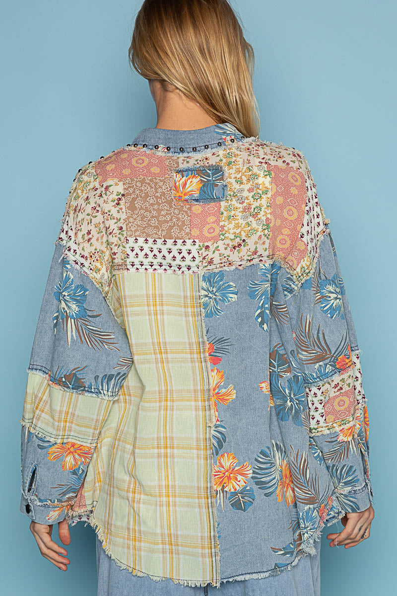 POL Patchwork Print Shacket in Denim Multi – June Adel