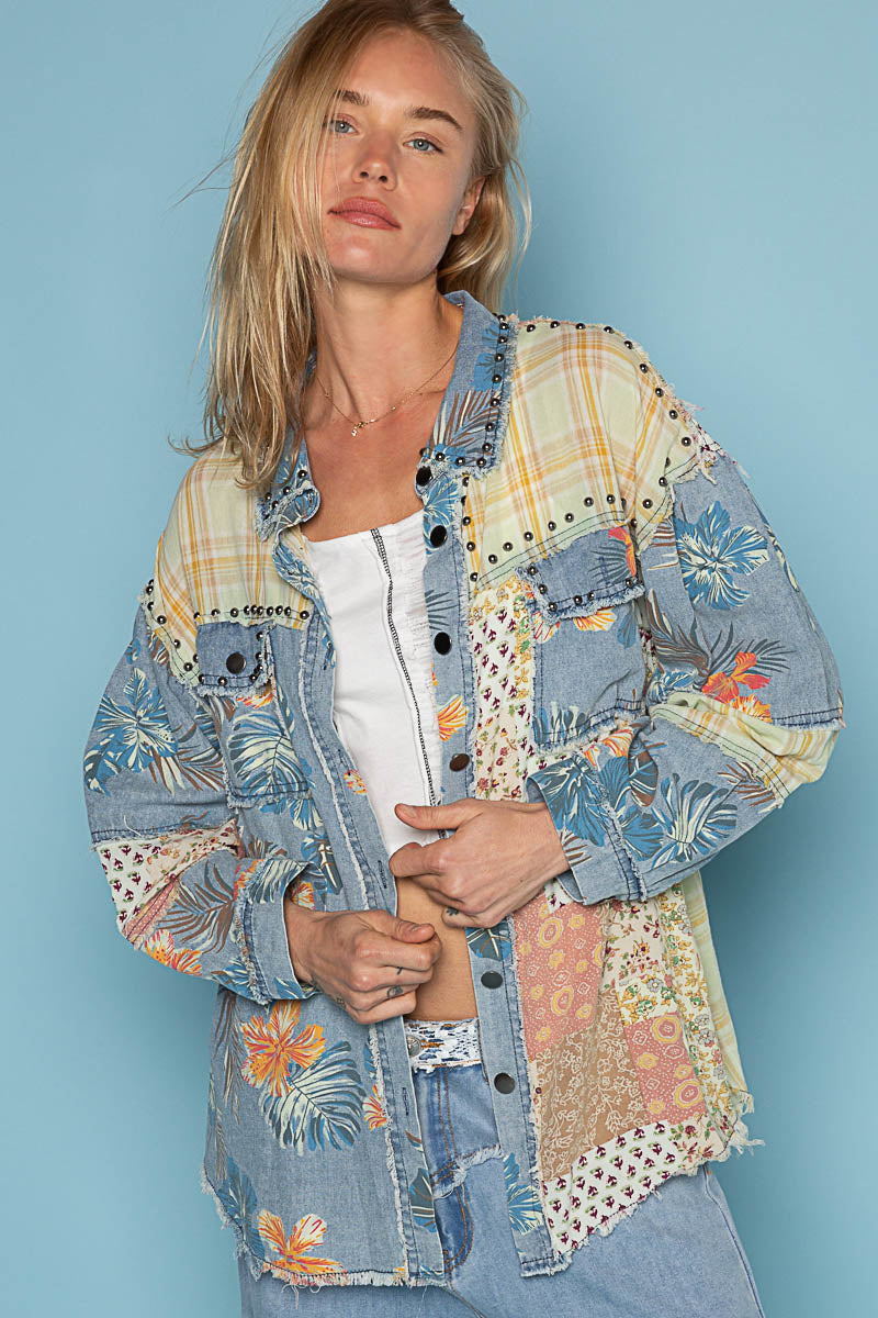 POL Patchwork Print Shacket in Denim Multi – June Adel