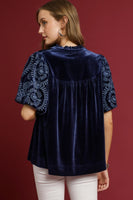 Umgee Solid Color Top with Embroidered Sleeves in Navy