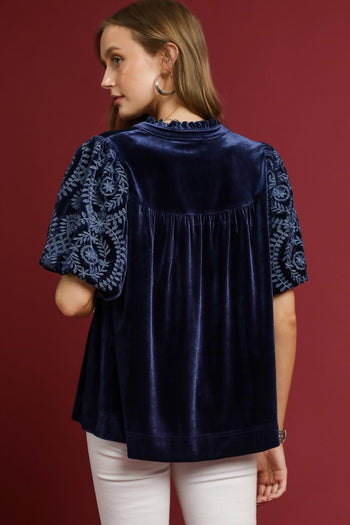 Umgee Solid Color Top with Embroidered Sleeves in Navy