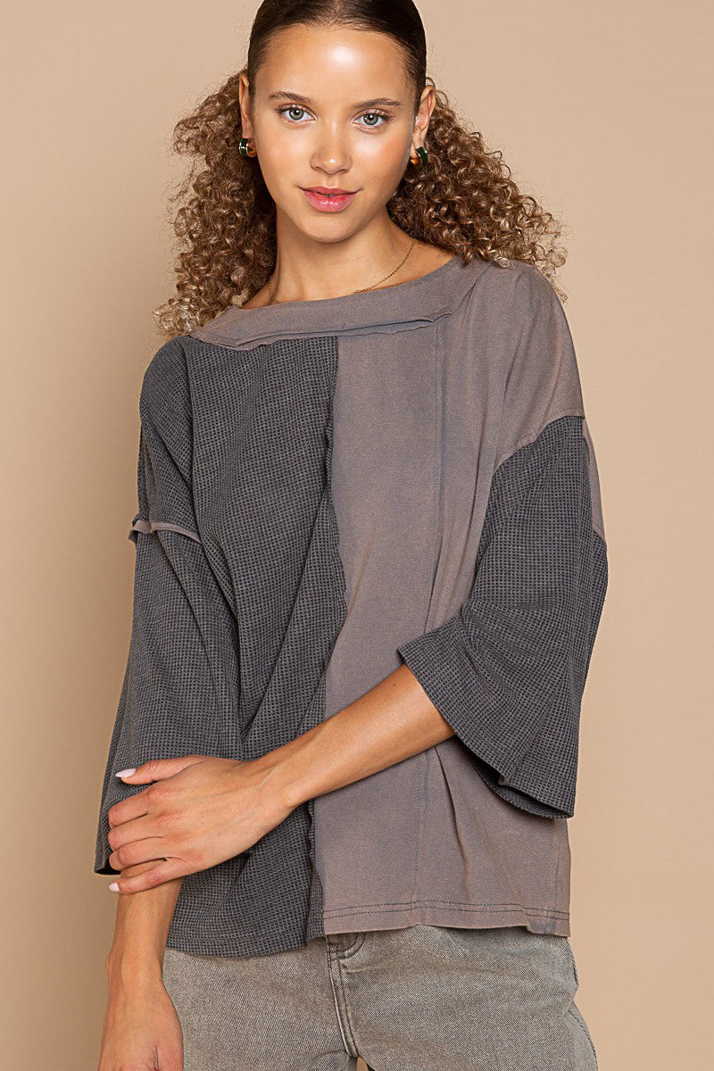 POL Oversized Mixed Fabric Top in Charcoal ON ORDER