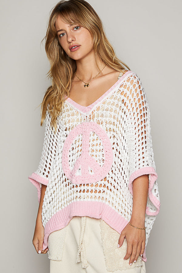 POL Open Crochet Peace Sign Top in White/Pink ON ORDER Shirts & Tops POL Clothing   