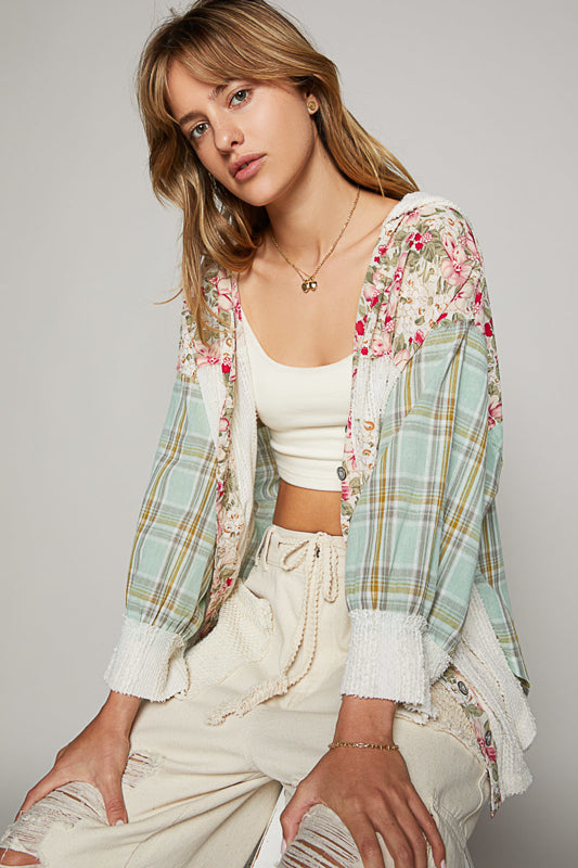 POL Mixed Print and Lace Hooded Button Down Top in Mint Green Multi