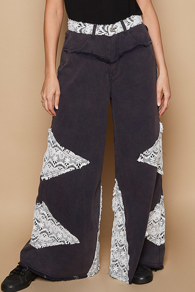 POL Vintage Washed Jeans with Crochet Patches in Antique Navy