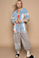 POL OVERSIZED Mixed Fabric Button Down Shacket in Denim Multi