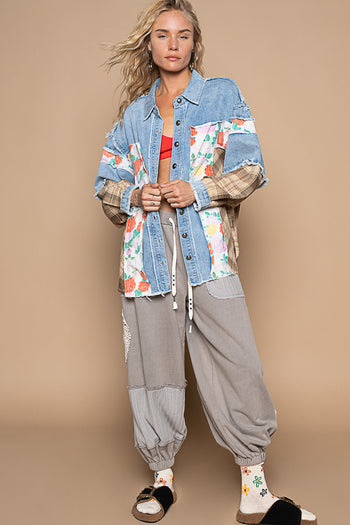 POL OVERSIZED Mixed Fabric Button Down Shacket in Denim Multi