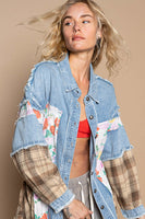 POL OVERSIZED Mixed Fabric Button Down Shacket in Denim Multi