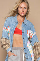 POL OVERSIZED Mixed Fabric Button Down Shacket in Denim Multi