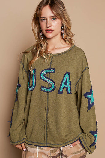 POL USA and Star Patched Lightweight Top in Olive