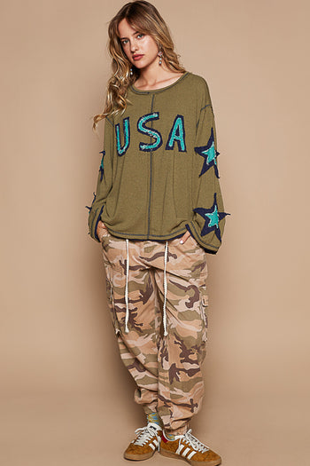 POL USA and Star Patched Lightweight Top in Olive