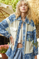 POL Textured Flower and Knit Jacket in Double Latte Multi