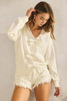LovLov Solid Color Knit Cardigan with Bow Front Details in Ivory