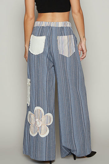 POL Multi Colored Striped Woven Pants with Flower Patches in Navy Multi