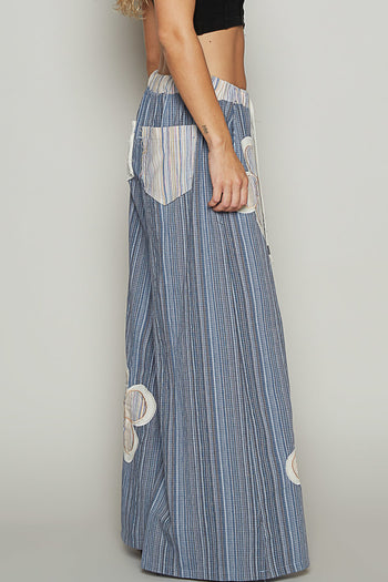 POL Multi Colored Striped Woven Pants with Flower Patches in Navy Multi