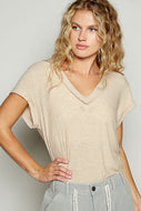 POL Ribbed Jersey Knit V-Neck Top in Latte