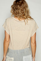 POL Ribbed Jersey Knit V-Neck Top in Latte