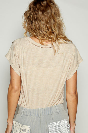 POL Ribbed Jersey Knit V-Neck Top in Latte