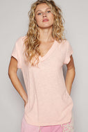 POL Ribbed Jersey Knit V-Neck Top in Powder Peach