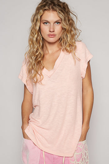 POL Ribbed Jersey Knit V-Neck Top in Powder Peach