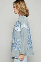 POL Textured Flower and Knit Jacket in Denim Multi