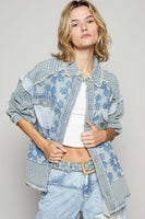 POL Textured Flower and Knit Jacket in Denim Multi