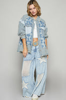 POL Textured Flower and Knit Jacket in Denim Multi