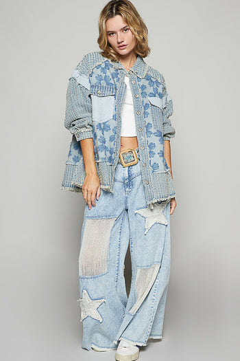 POL Textured Flower and Knit Jacket in Denim Multi