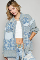 POL Textured Flower and Knit Jacket in Denim Multi