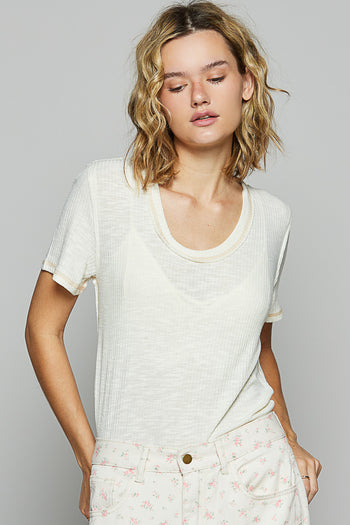 POL Ribbed Jersey Knit Round Neck Top in Eggshell
