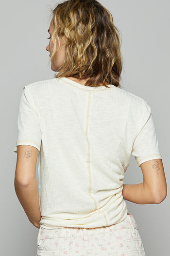 POL Ribbed Jersey Knit Round Neck Top in Eggshell