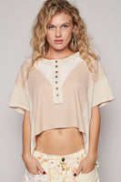 POL CROPPED Half Front Button Top in Beige Multi