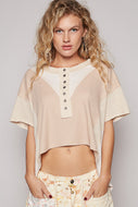 POL CROPPED Half Front Button Top in Beige Multi