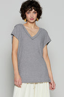 POL Ribbed Jersey Knit V-Neck Top in Charcoal