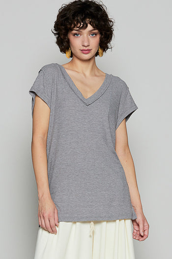POL Ribbed Jersey Knit V-Neck Top in Charcoal