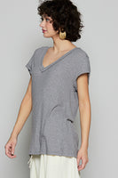 POL Ribbed Jersey Knit V-Neck Top in Charcoal